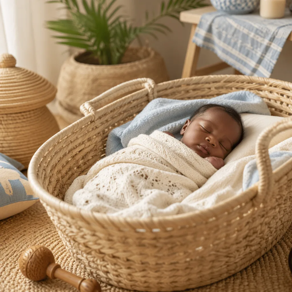 Peaceful newborn in a woven bassinet with soft Swahili-inspired nursery details.
