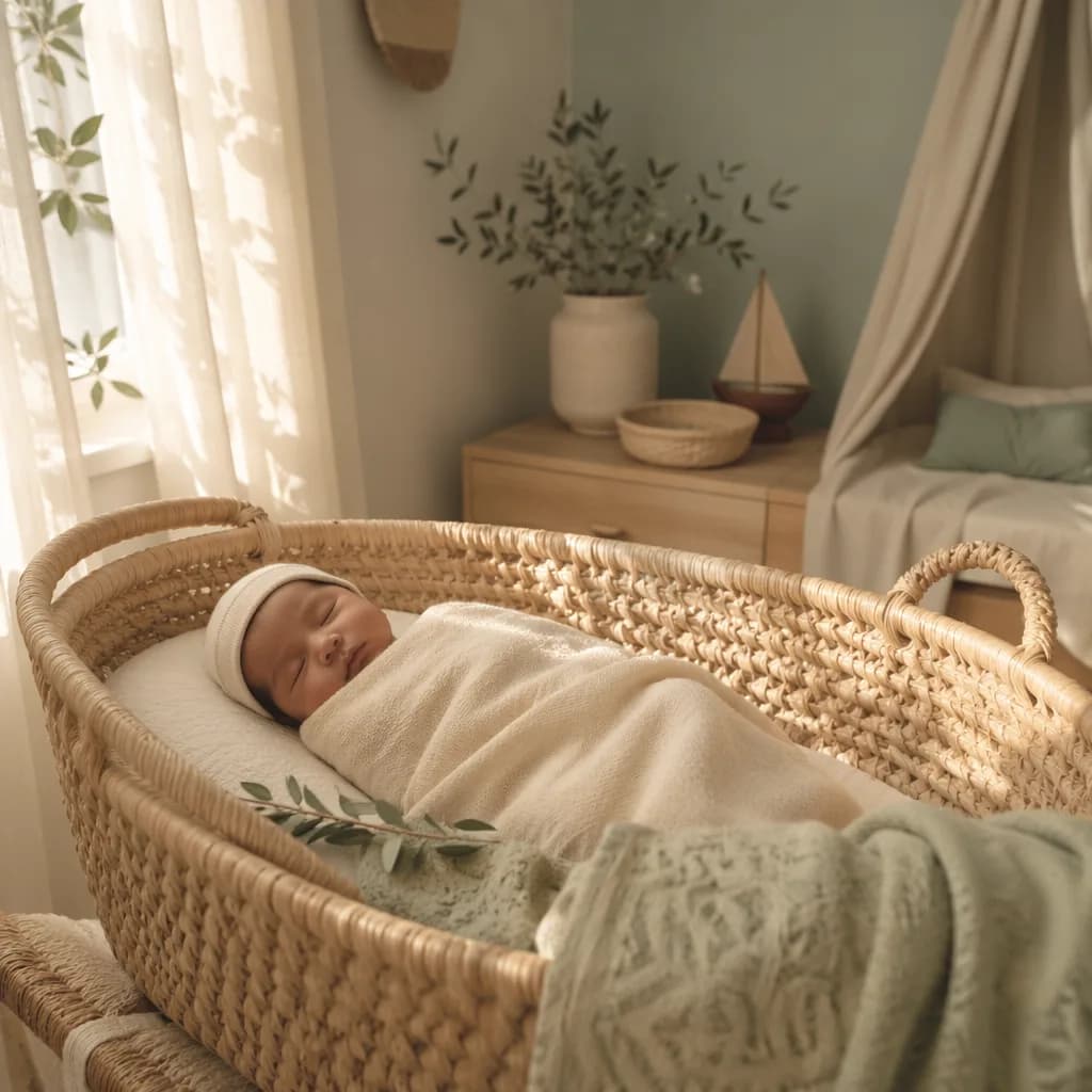 Sleeping newborn in a soft nursery with warm coastal-inspired decor, evoking the name Mbarak.