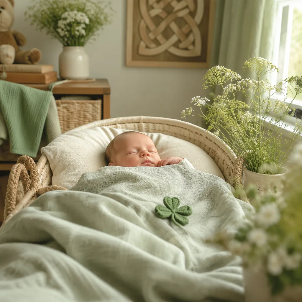 Sleeping baby in a soft Irish-inspired nursery with pastel green decor and gentle natural light.