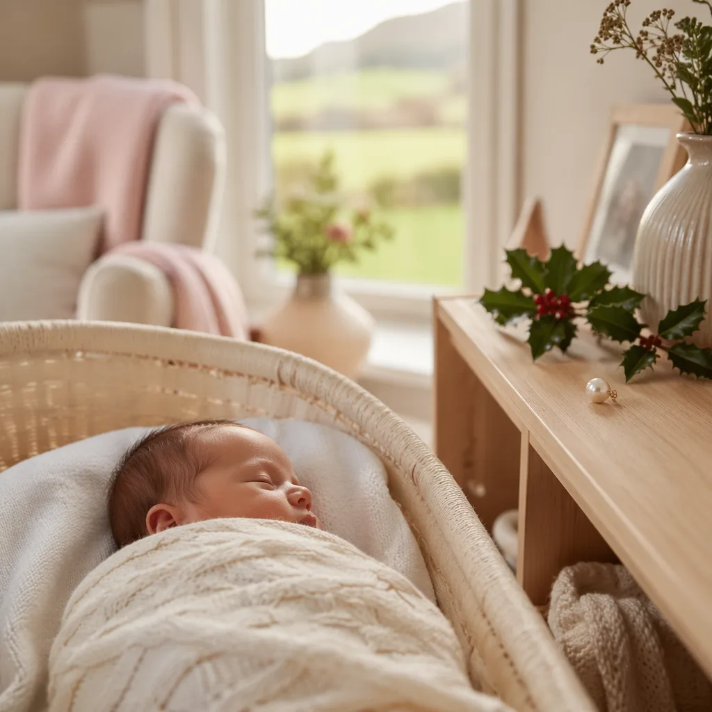 A softly lit nursery with a sleeping baby, pearl keepsake, and holly accents.