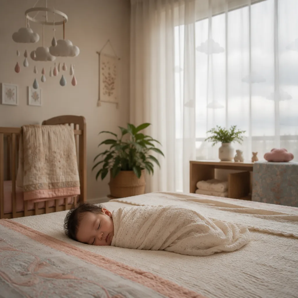 A peaceful Bengali-inspired nursery with a sleeping baby, soft cloudy light, and pastel decor.