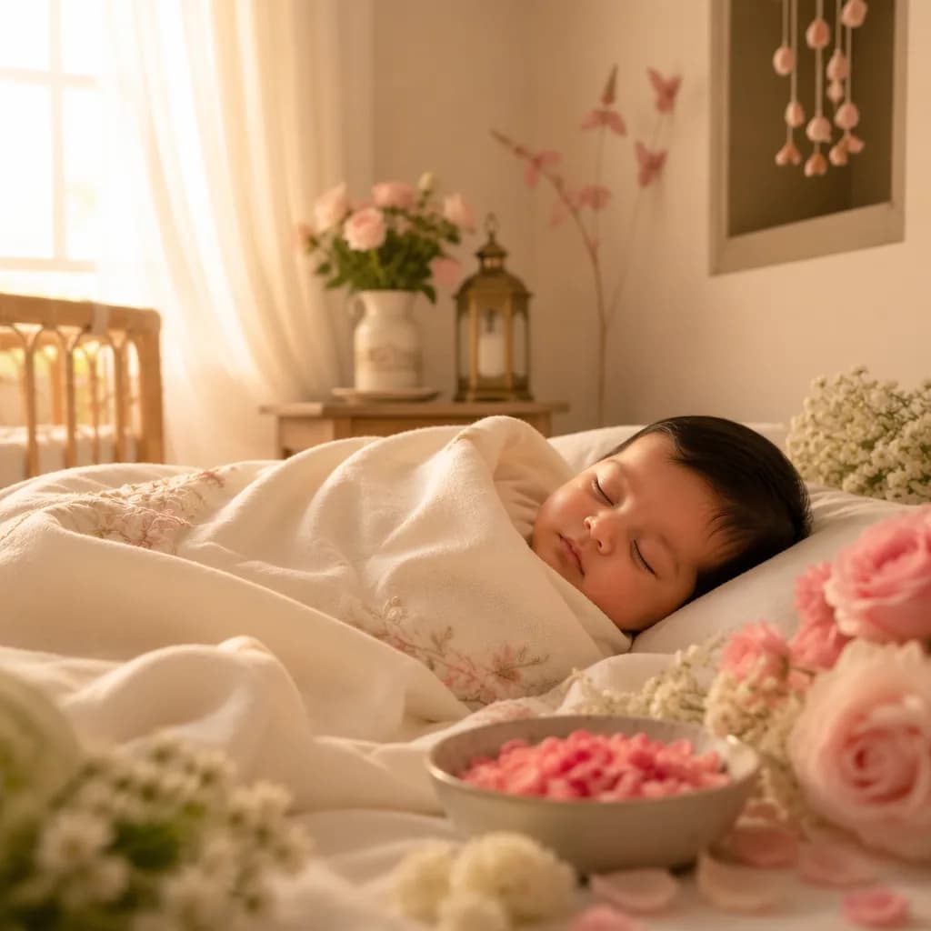 A peaceful pastel nursery with a swaddled baby, soft flowers, and warm morning light.