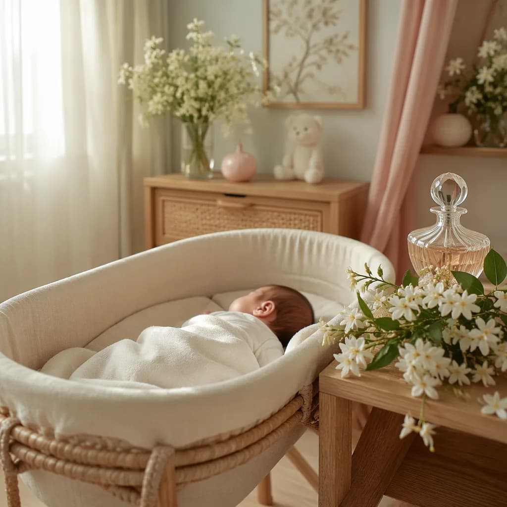 Soft pastel nursery with a sleeping baby, jasmine flowers, and a delicate perfume bottle.