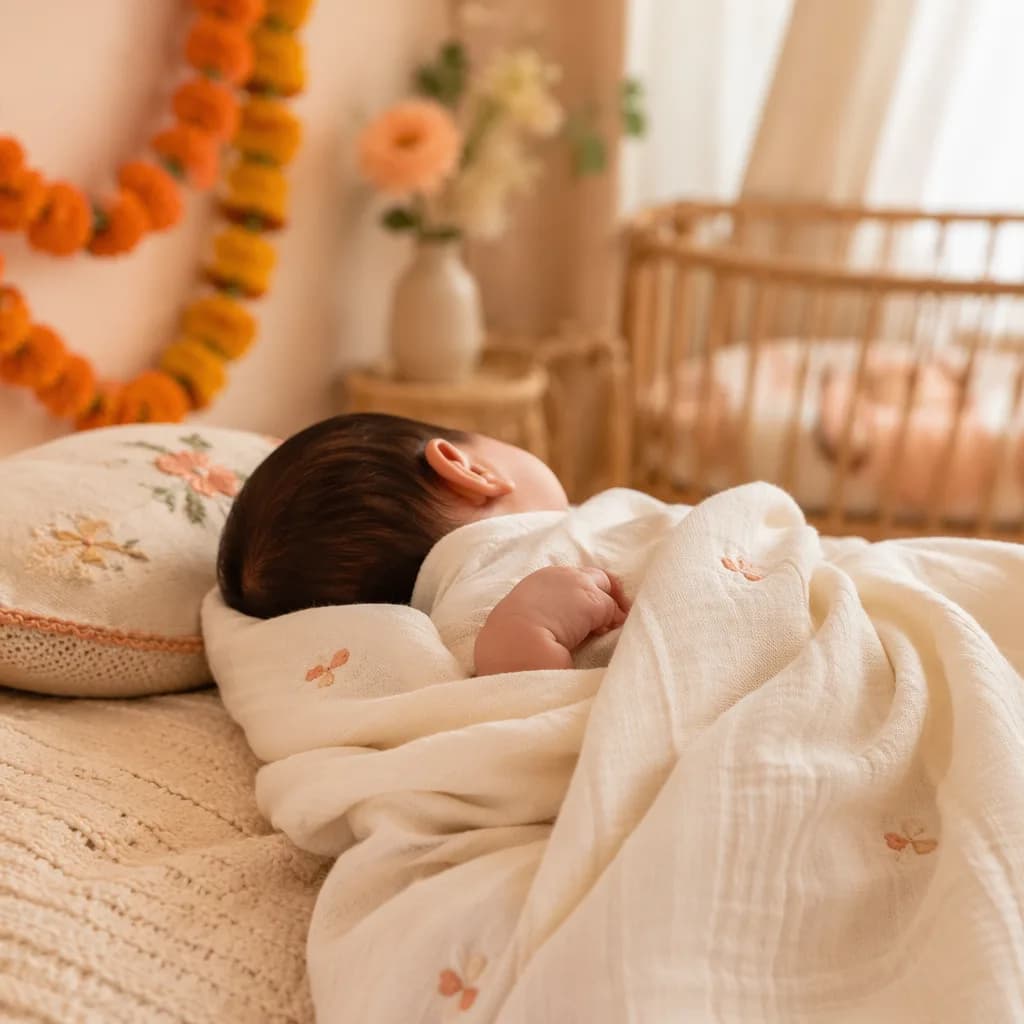 A cozy pastel nursery scene with a swaddled newborn, marigolds, and soft golden light.
