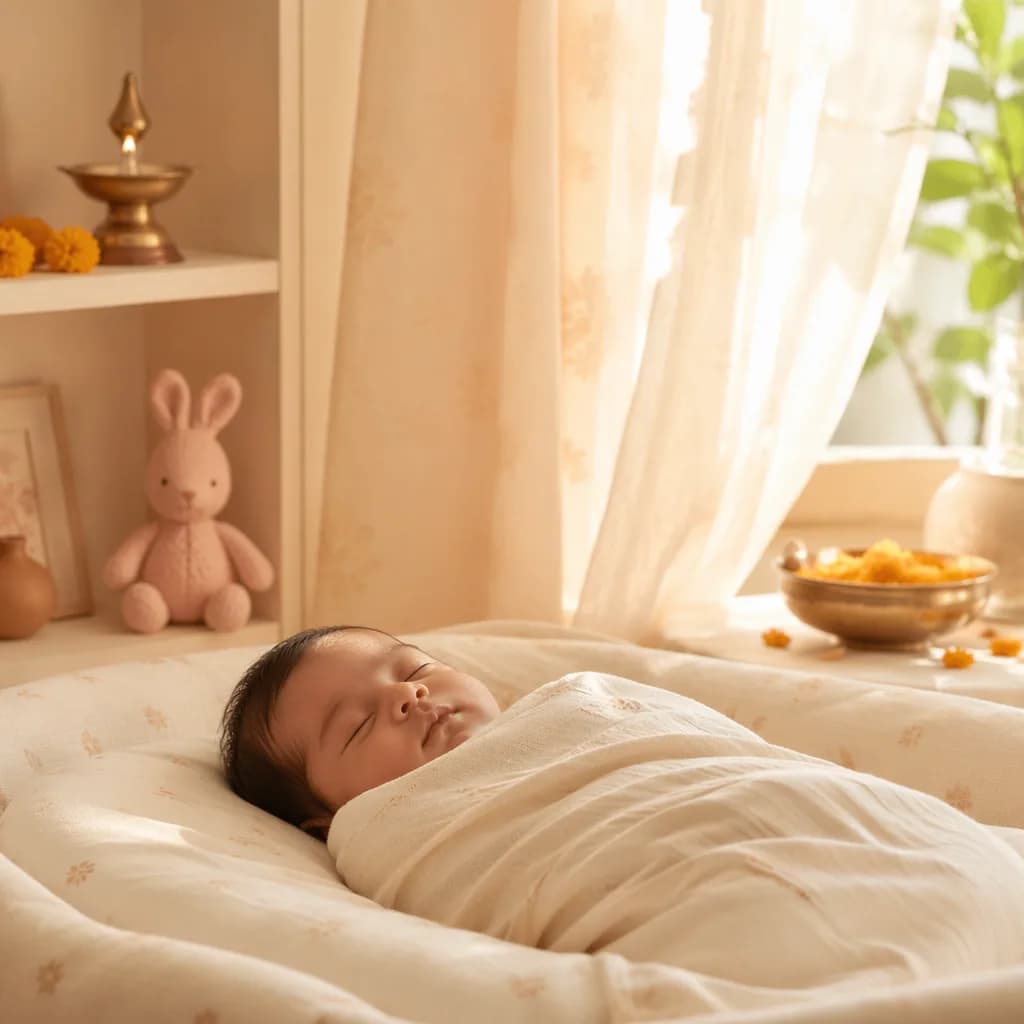 Sleeping newborn in a warm pastel nursery with gentle Indian-inspired details.