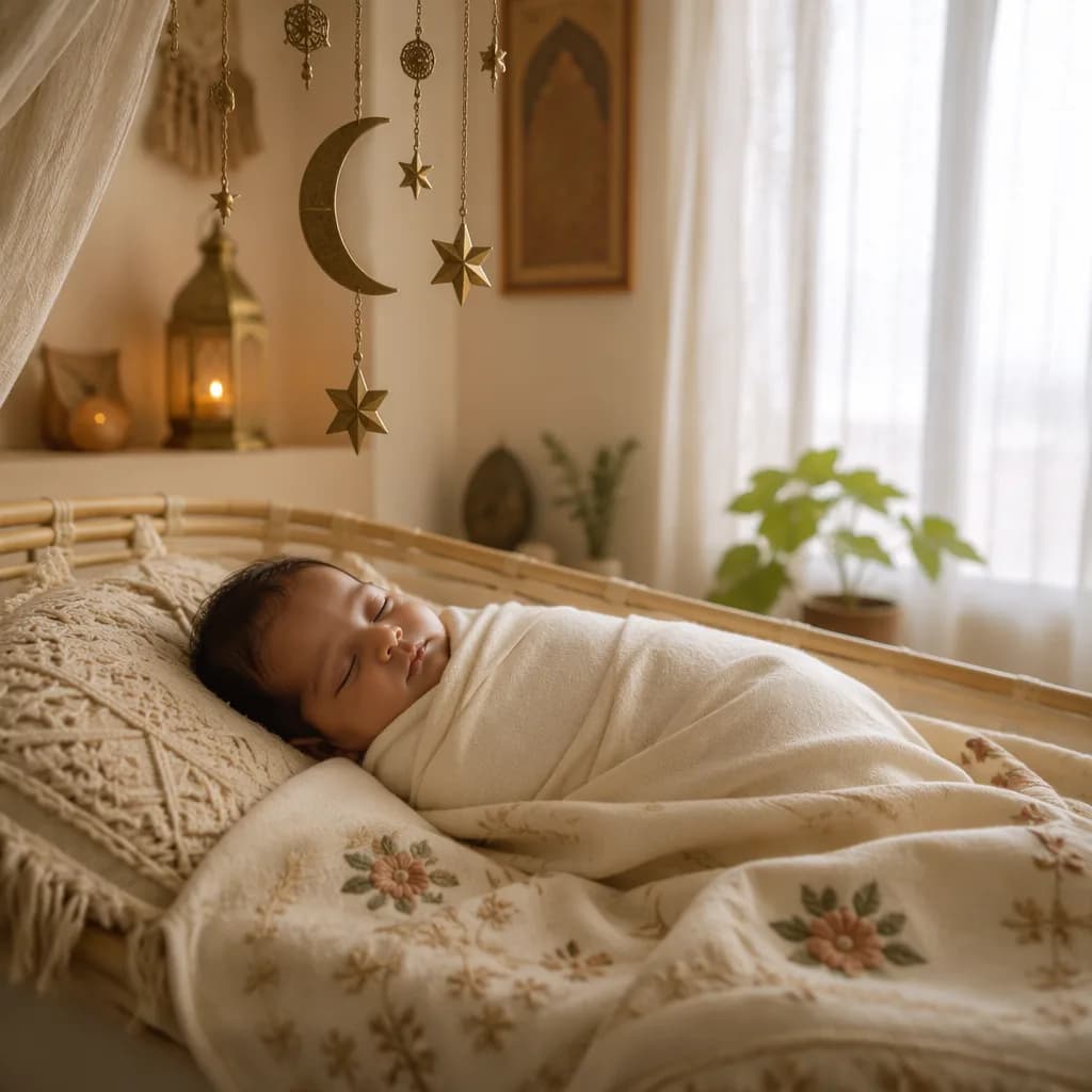 A peacefully sleeping newborn in a warm pastel nursery with subtle South Asian-inspired decor.