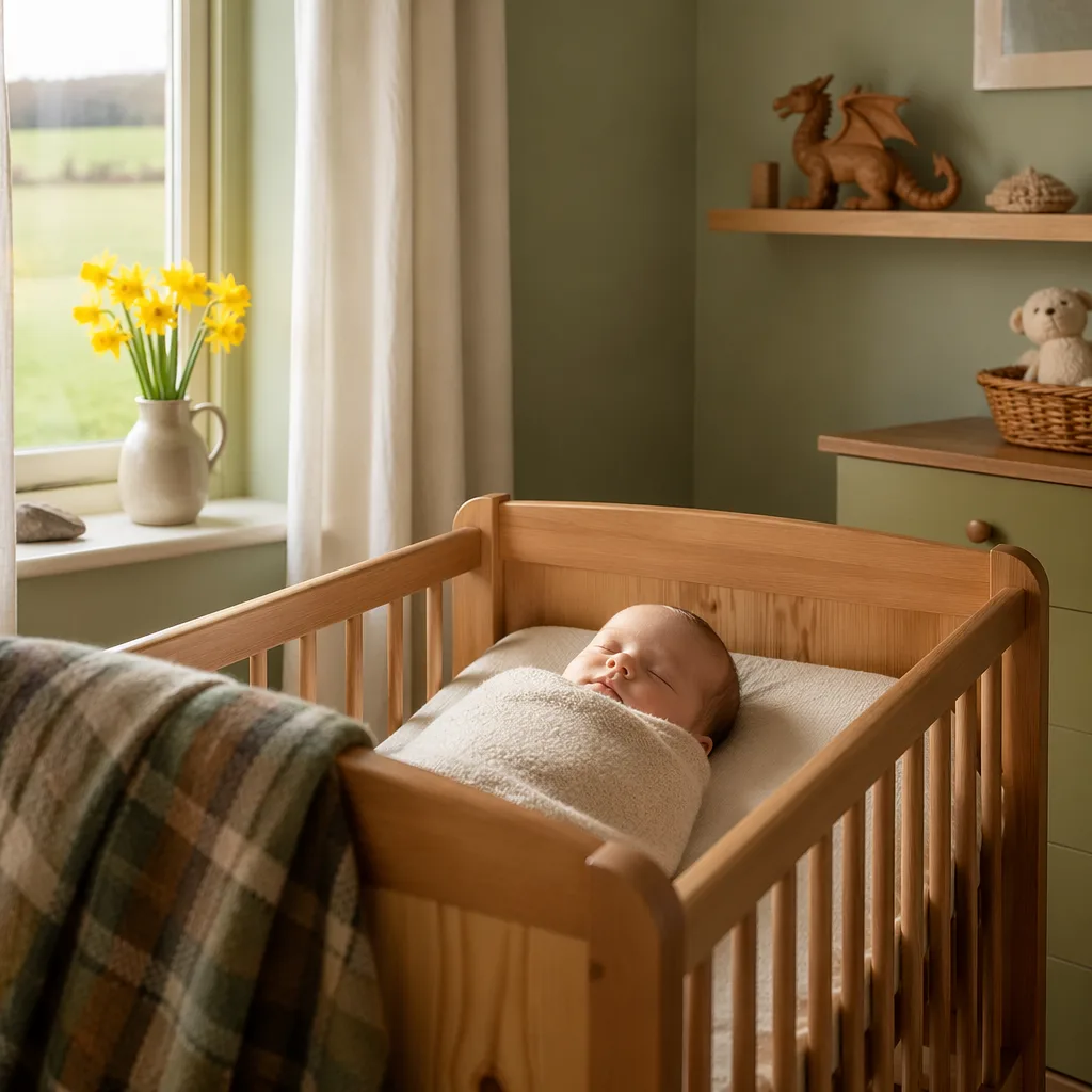 Sleeping baby in a soft Welsh-inspired nursery with daffodils and cozy pastel decor.