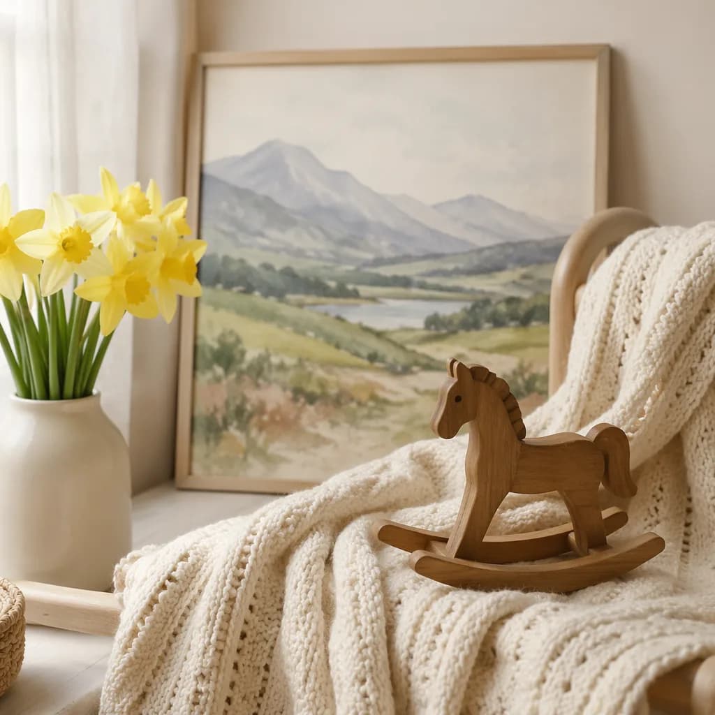 Cozy Welsh-inspired nursery still-life with baby blanket, daffodils, and soft mountain artwork.