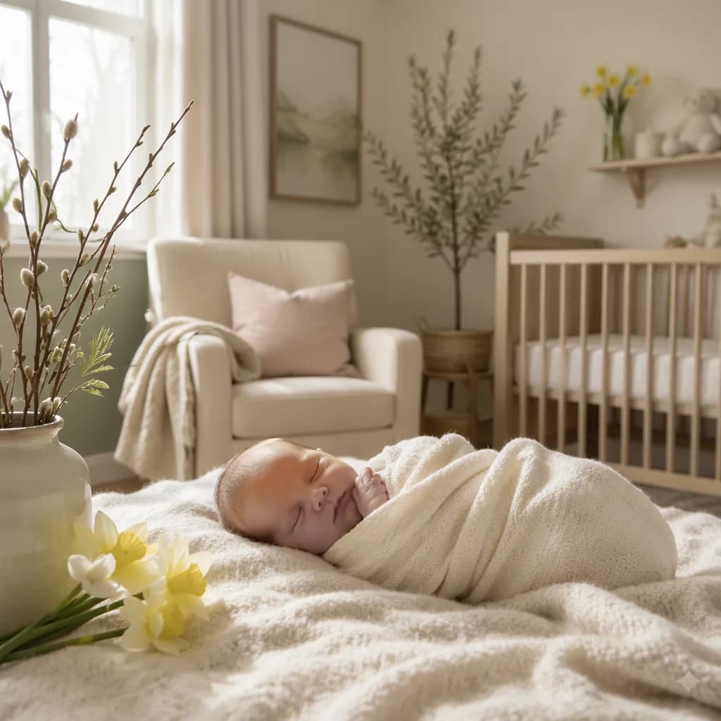 A softly lit Welsh-inspired nursery with a swaddled sleeping baby, daffodils, and gentle pastel decor.