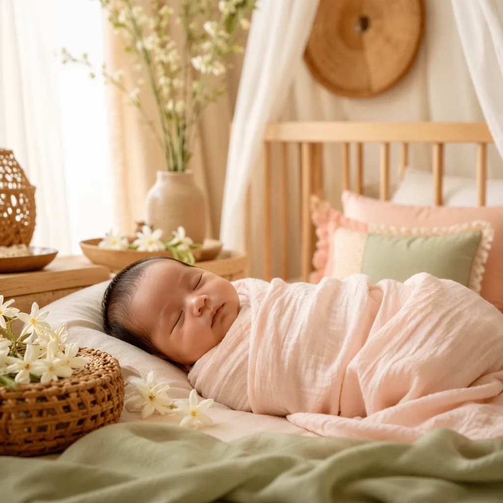 Sleeping baby in a soft Indonesian-inspired pastel nursery with jasmine flowers and warm natural light.