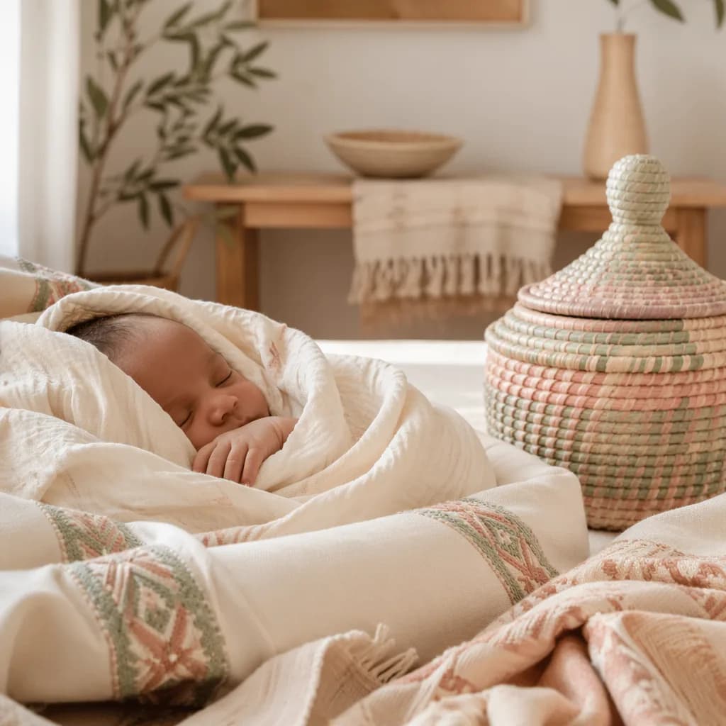 A peaceful Ethiopian-inspired nursery scene with a swaddled baby and soft woven textiles.