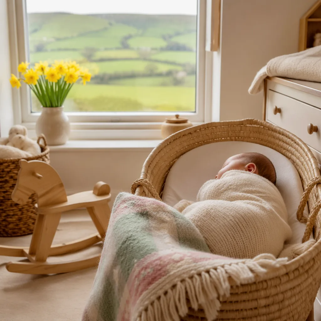 A cozy Welsh-inspired nursery with a swaddled sleeping baby, daffodils, and soft green hills beyond the window.
