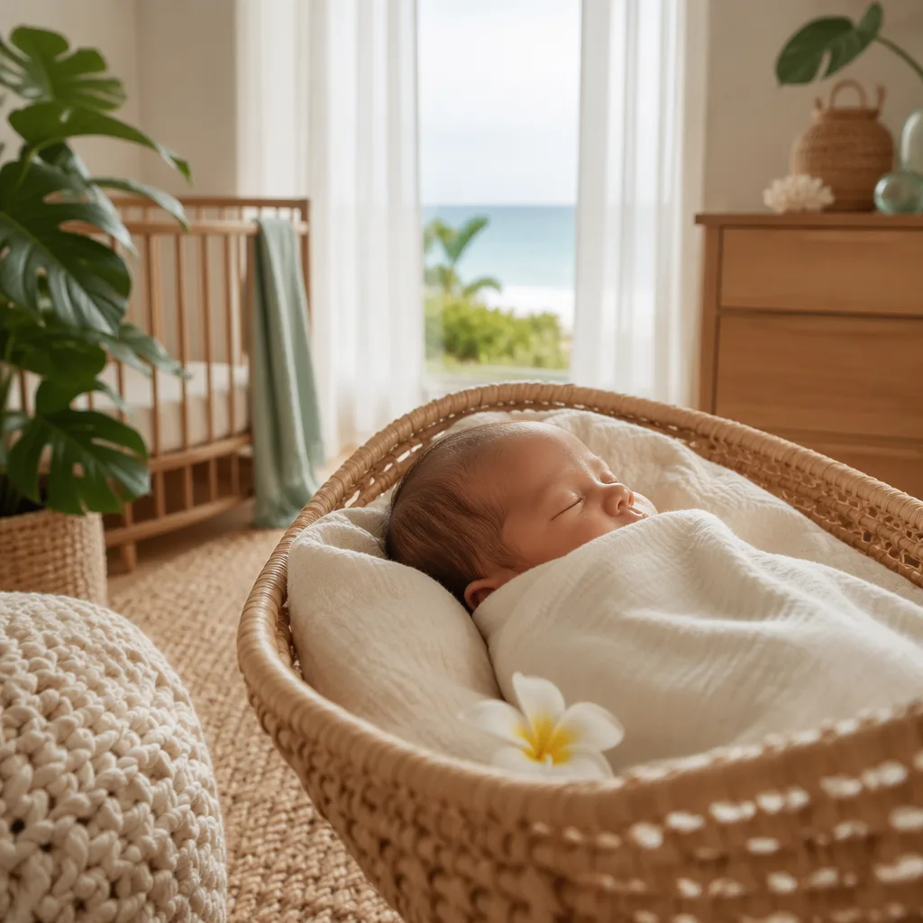 A serene swaddled baby in a soft Hawaiian-inspired nursery with plumeria and ocean-toned accents.