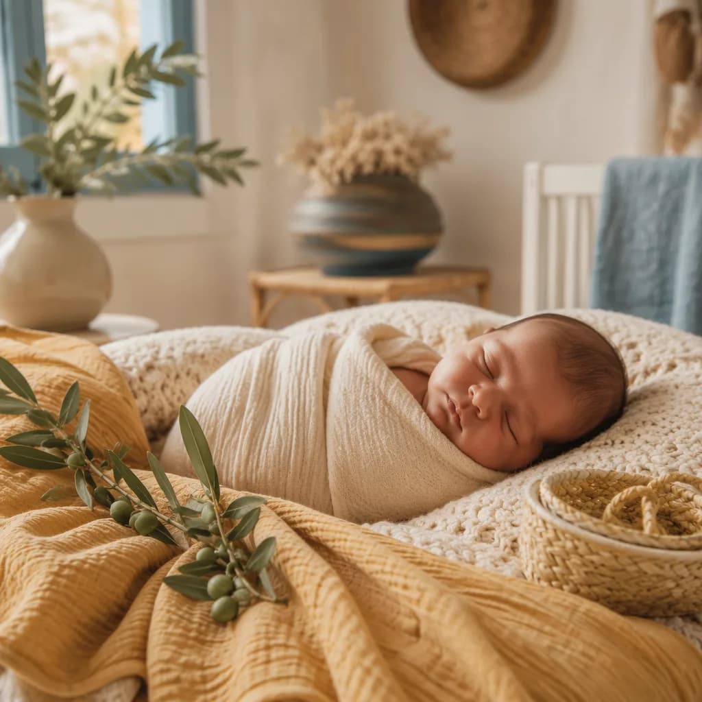 Sleeping baby in a soft Greek-inspired nursery with olive branch and honey-toned accents.