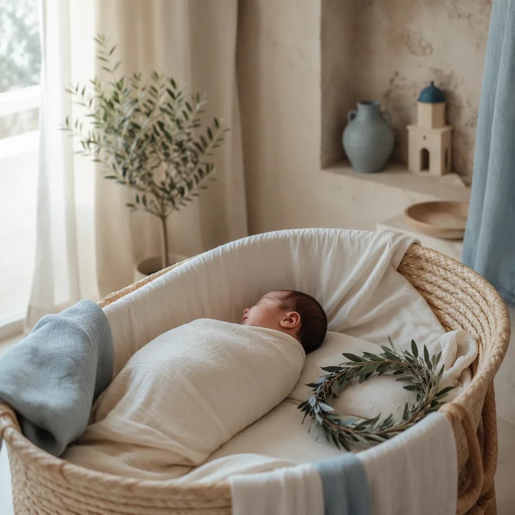Sleeping baby in a soft Greek-inspired nursery with olive branches and pastel blue accents