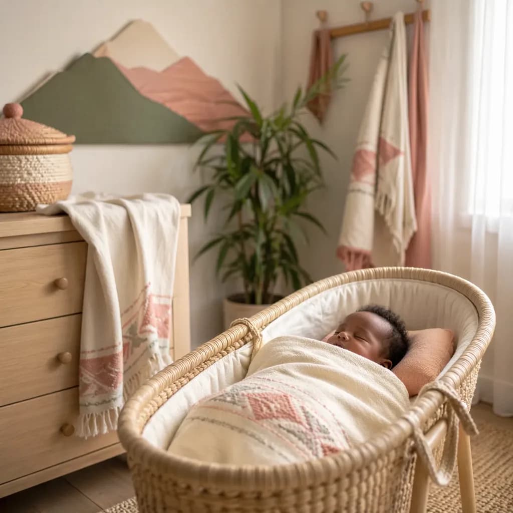 A softly lit Ethiopian-inspired nursery with a sleeping swaddled baby in a woven bassinet.