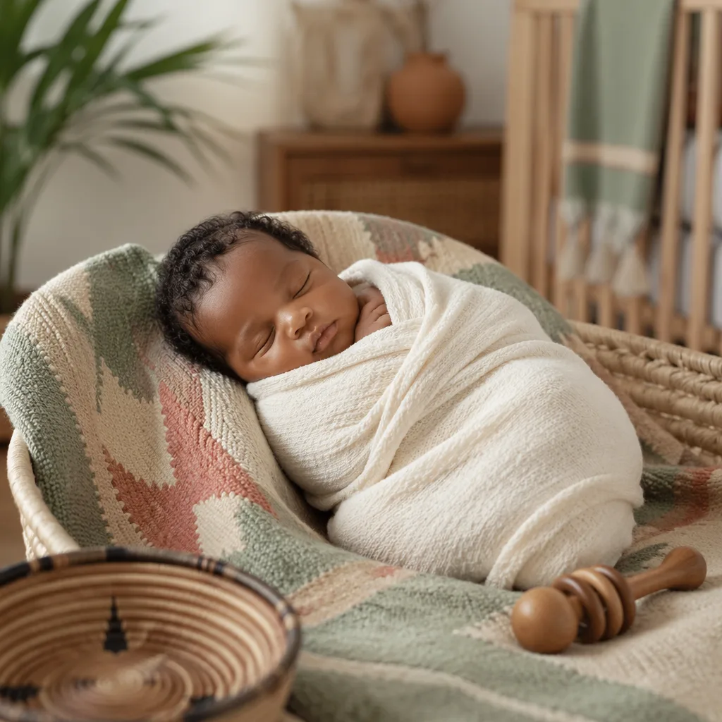 Sleeping Nigerian newborn in a soft pastel nursery with woven accents.
