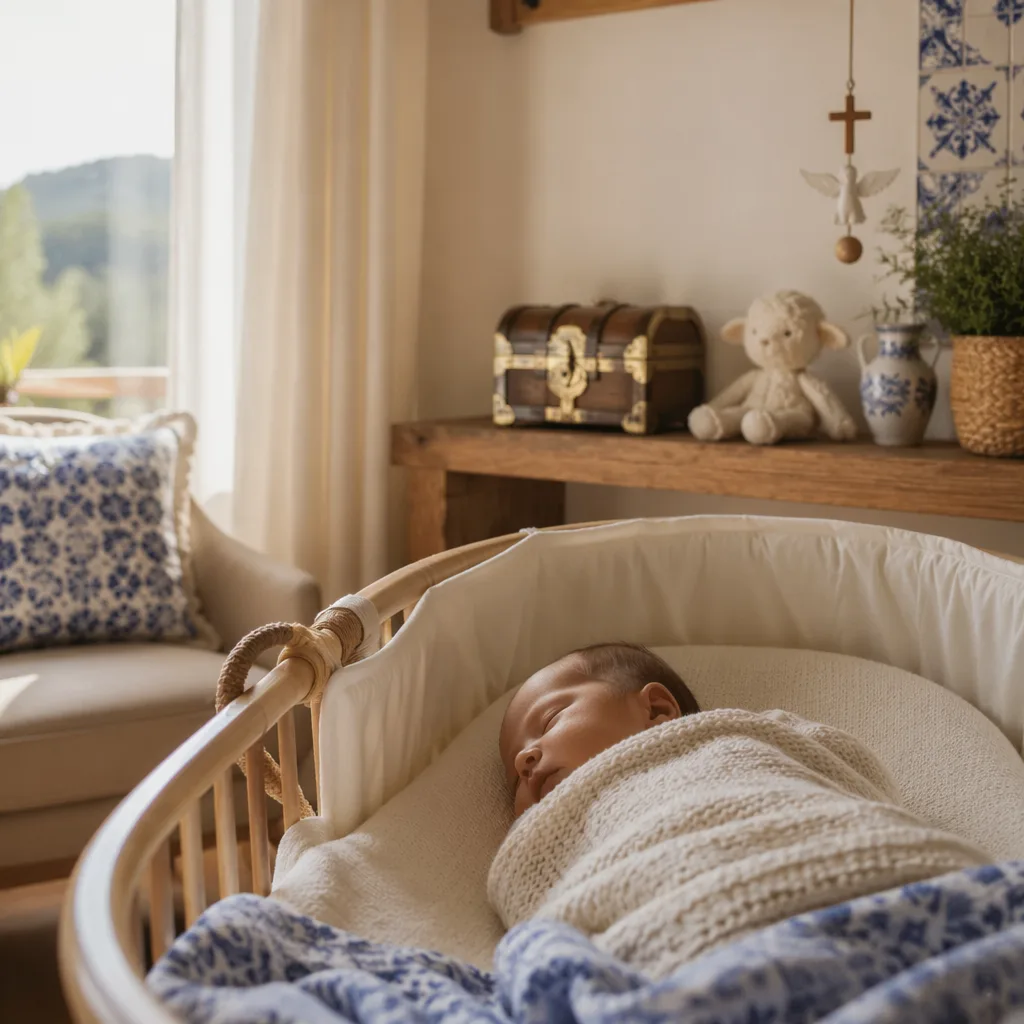 Sleeping baby in a soft pastel Portuguese-inspired nursery with a small keepsake chest.