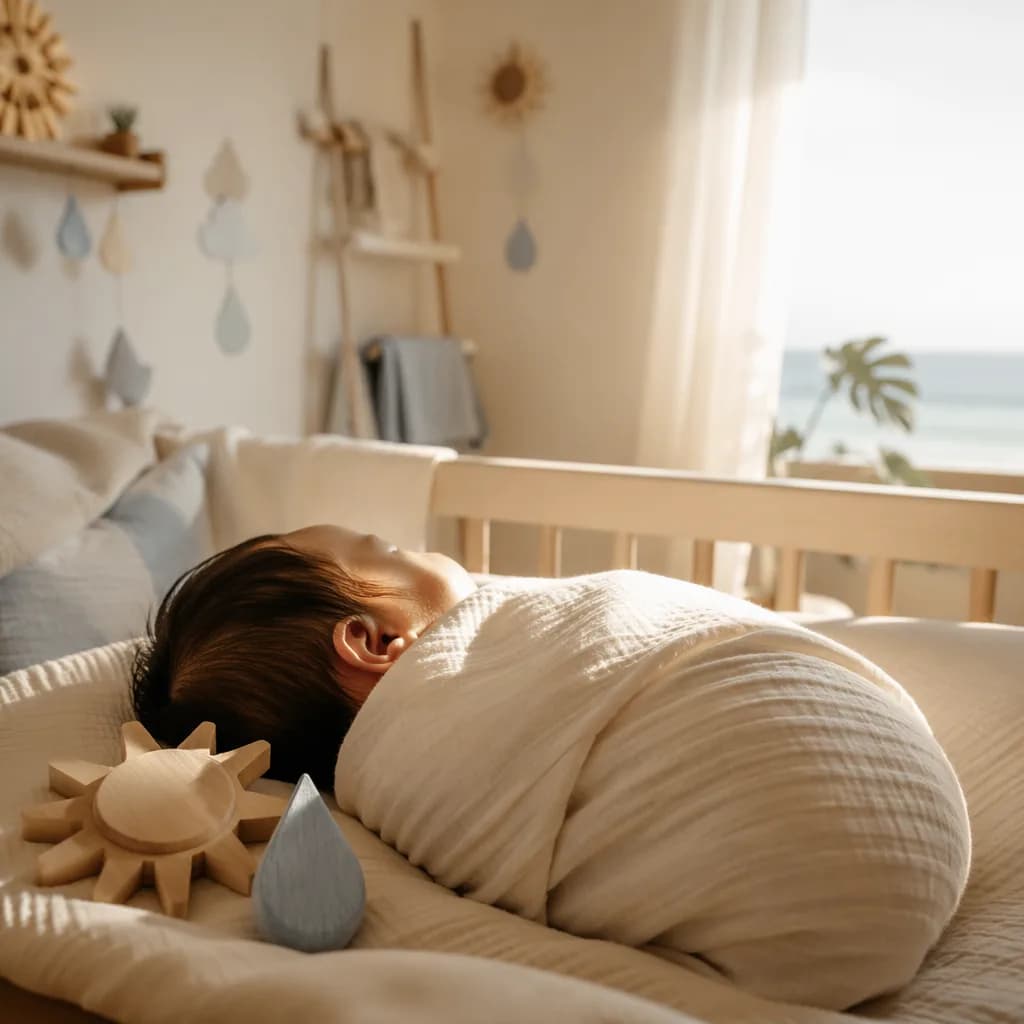 Soft sunlit nursery with a swaddled baby and subtle sun and water decor.