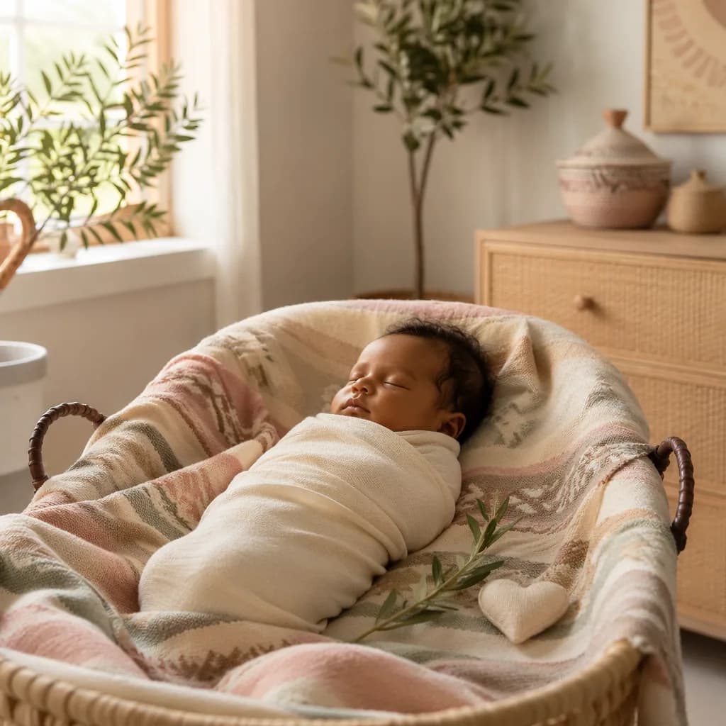 A peaceful Ethiopian-inspired nursery with a swaddled sleeping baby in soft natural light.
