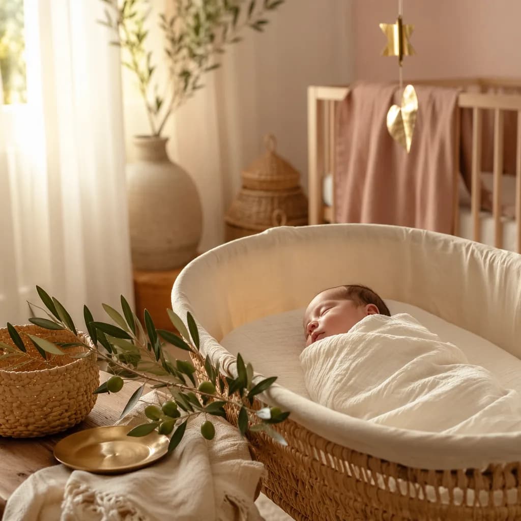 Sleeping baby in a soft pastel nursery with olive branch and warm natural light