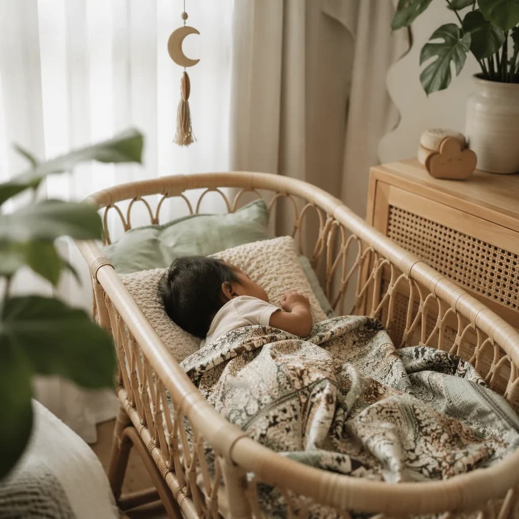 Peaceful Indonesian baby in a soft pastel nursery with woven rattan and batik details.