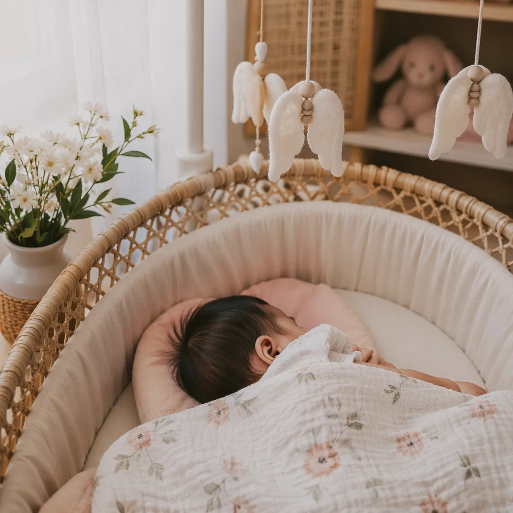 A peaceful Filipino baby sleeping in a pastel nursery with sampaguita flowers and soft natural light.