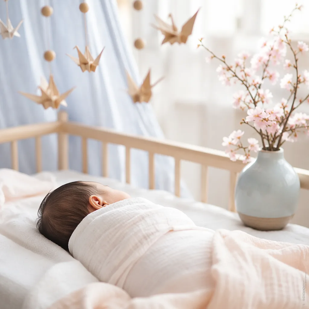 Sleeping newborn in a soft Japanese-inspired nursery with cherry blossoms and pastel accents.