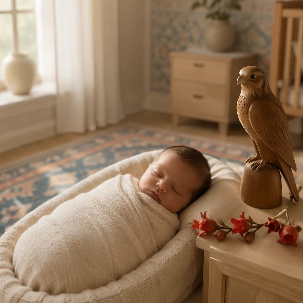 Sleeping newborn in a warm Persian-inspired nursery with soft pastels and a small falcon figurine.
