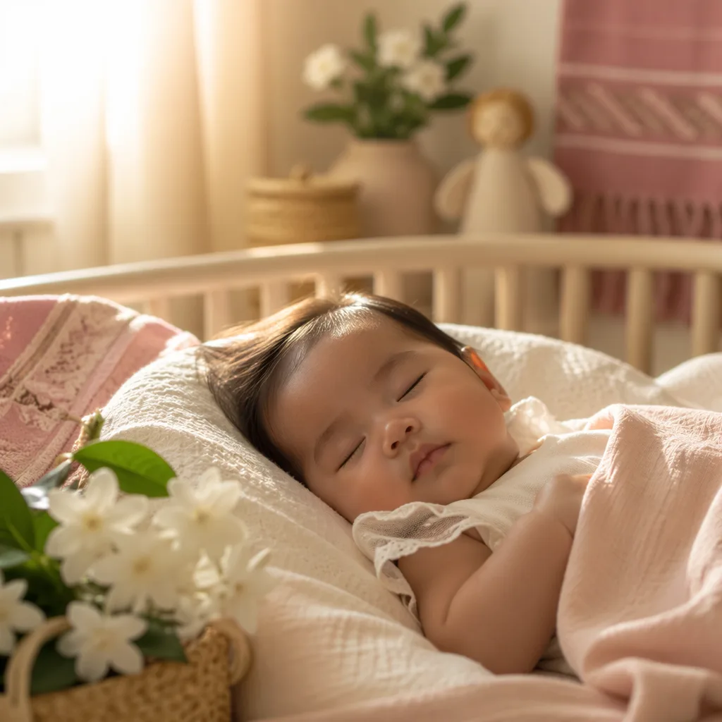 A sleeping Filipino baby in a softly lit pastel nursery with sampaguita flowers.