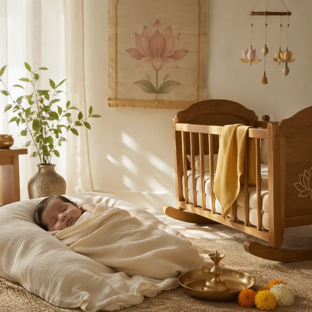 Peaceful pastel nursery with a swaddled baby and subtle Indian-inspired decor.