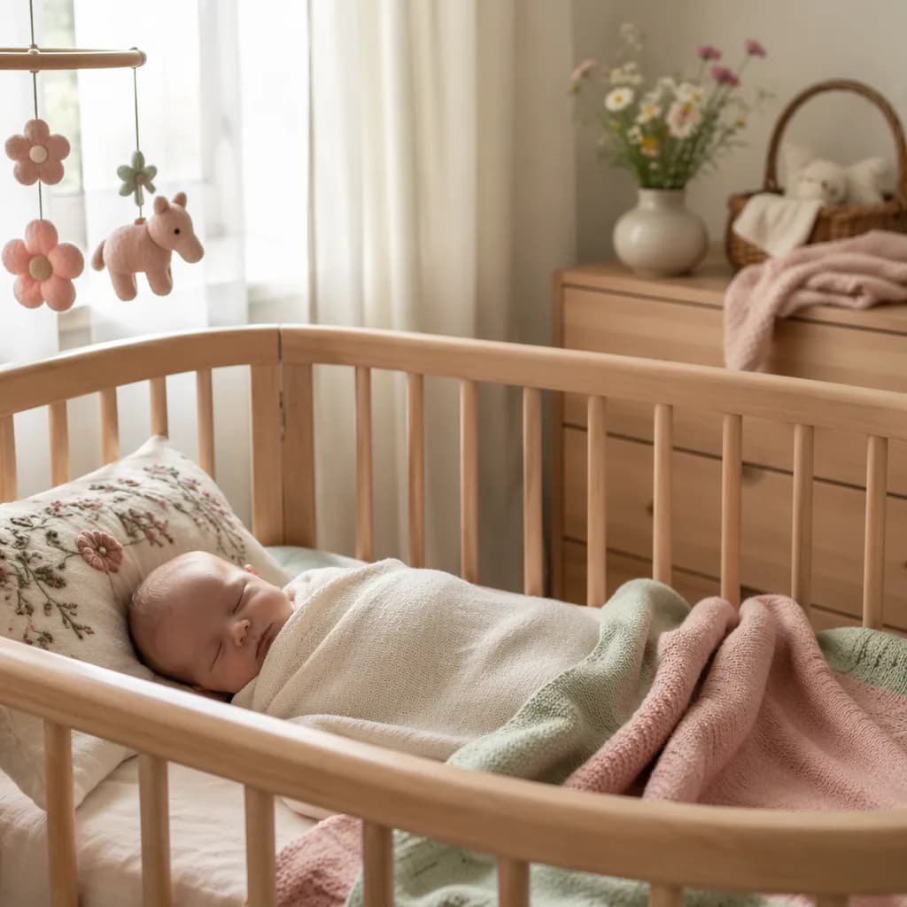 A serene pastel nursery with a swaddled sleeping baby and soft Polish-inspired floral details.