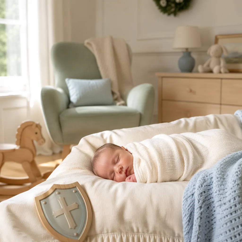 Sleeping baby in a soft pastel nursery with gentle defender-inspired details.