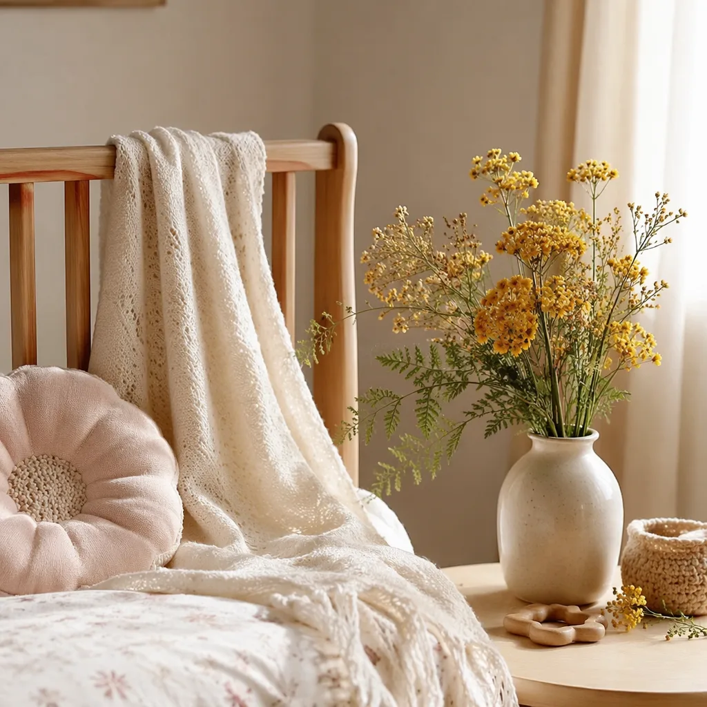 Cozy nursery still-life with golden flowers and a soft baby blanket.