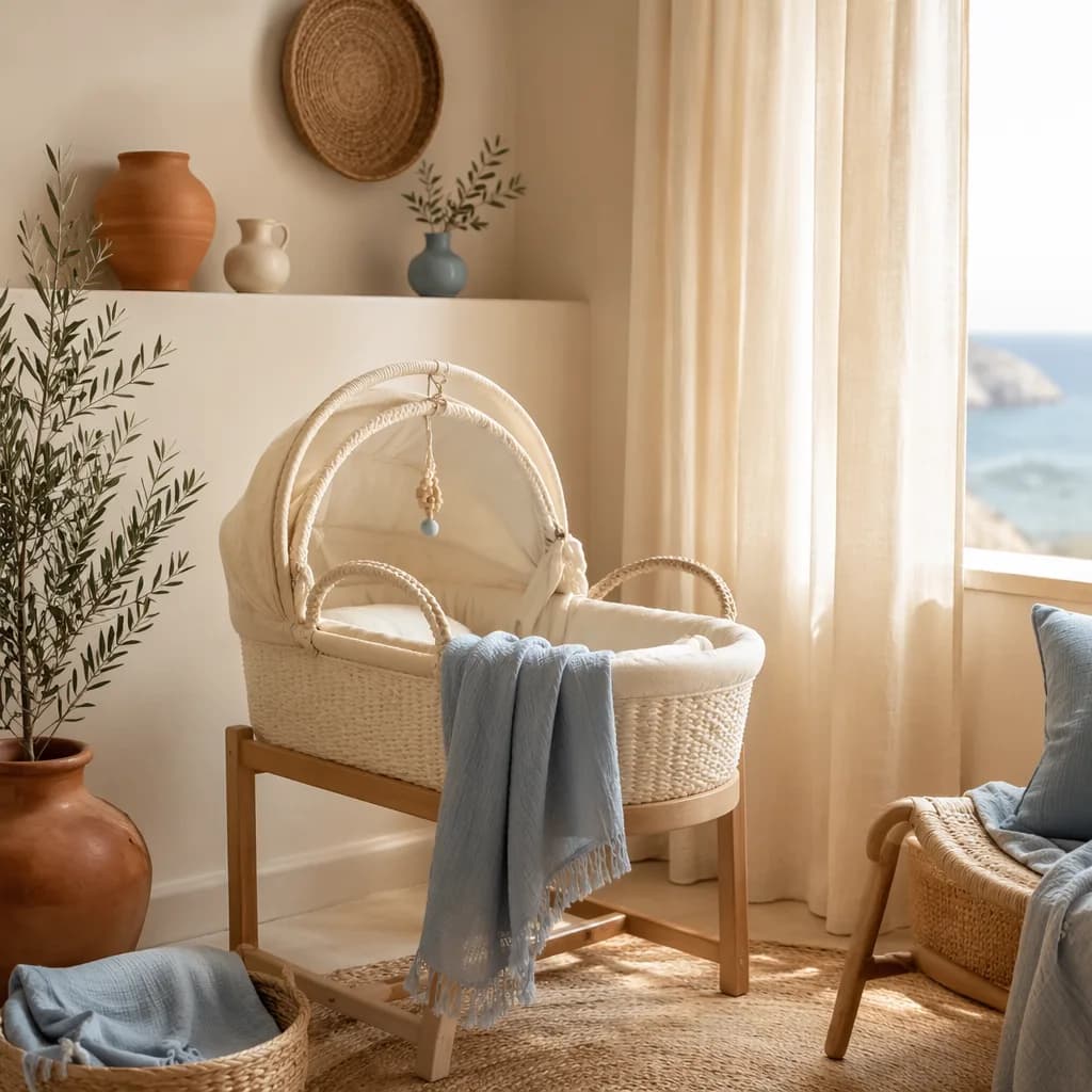 Cozy Greek-inspired nursery with olive branch, soft linens, and warm terracotta accents.