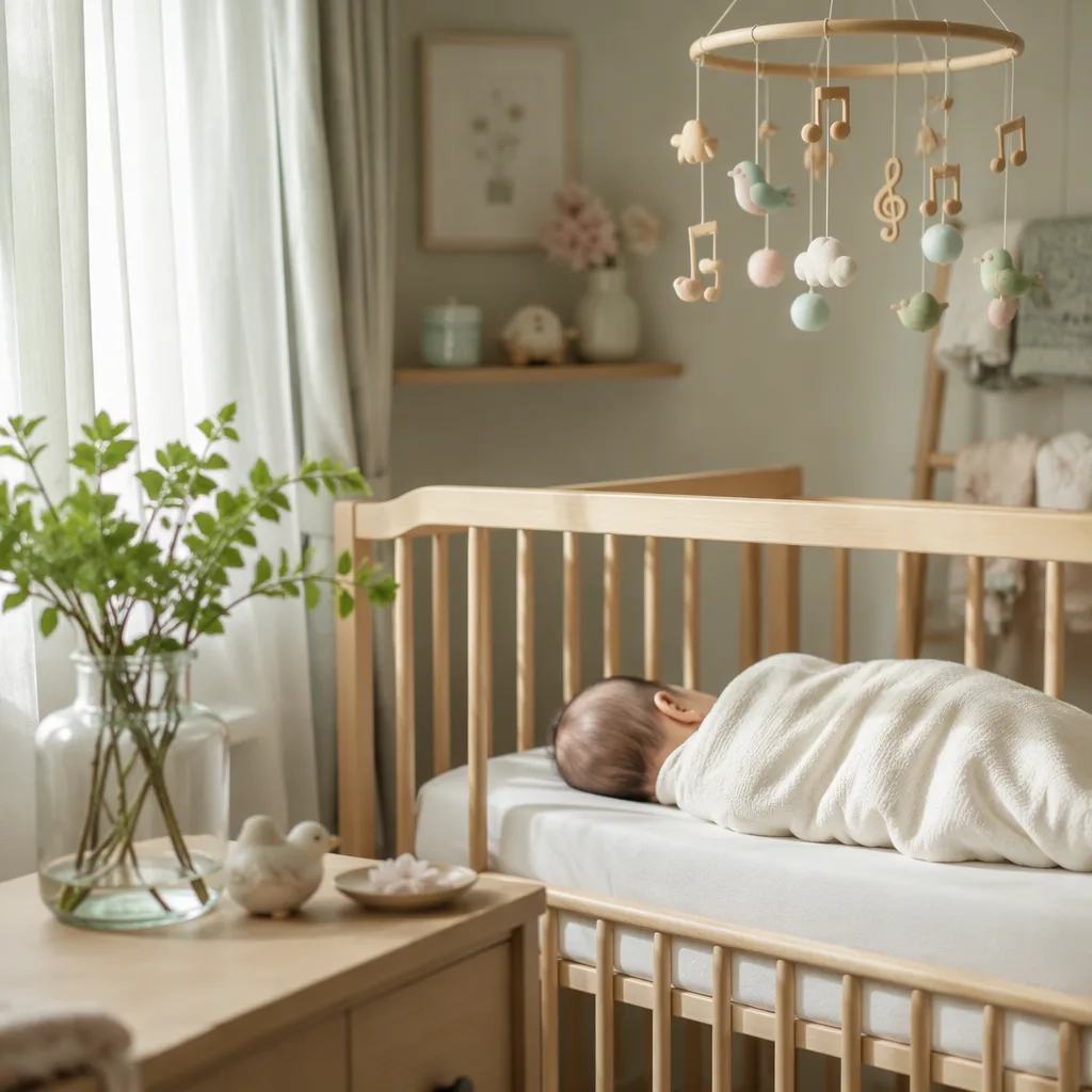 A serene pastel Japanese nursery with a swaddled newborn, young green leaves, and a gentle musical mobile.