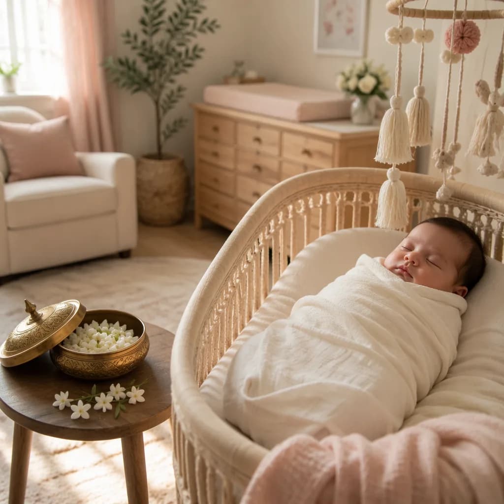 A peacefully swaddled baby in a soft pastel nursery with flowers and warm natural light.