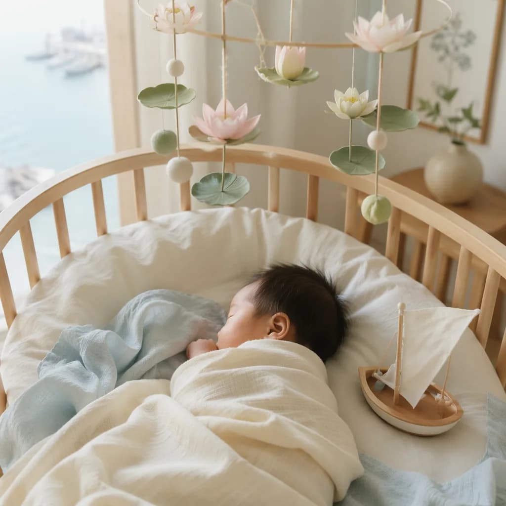 Sleeping baby in a soft Japanese-inspired nursery with a toy boat and lotus mobile.