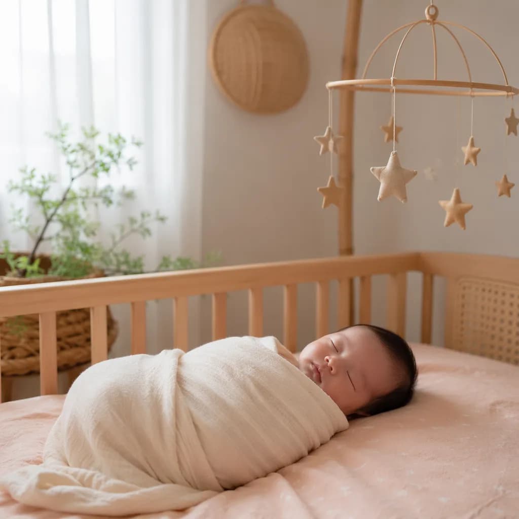 Peaceful Vietnamese baby in a soft pastel nursery with a gentle star mobile.