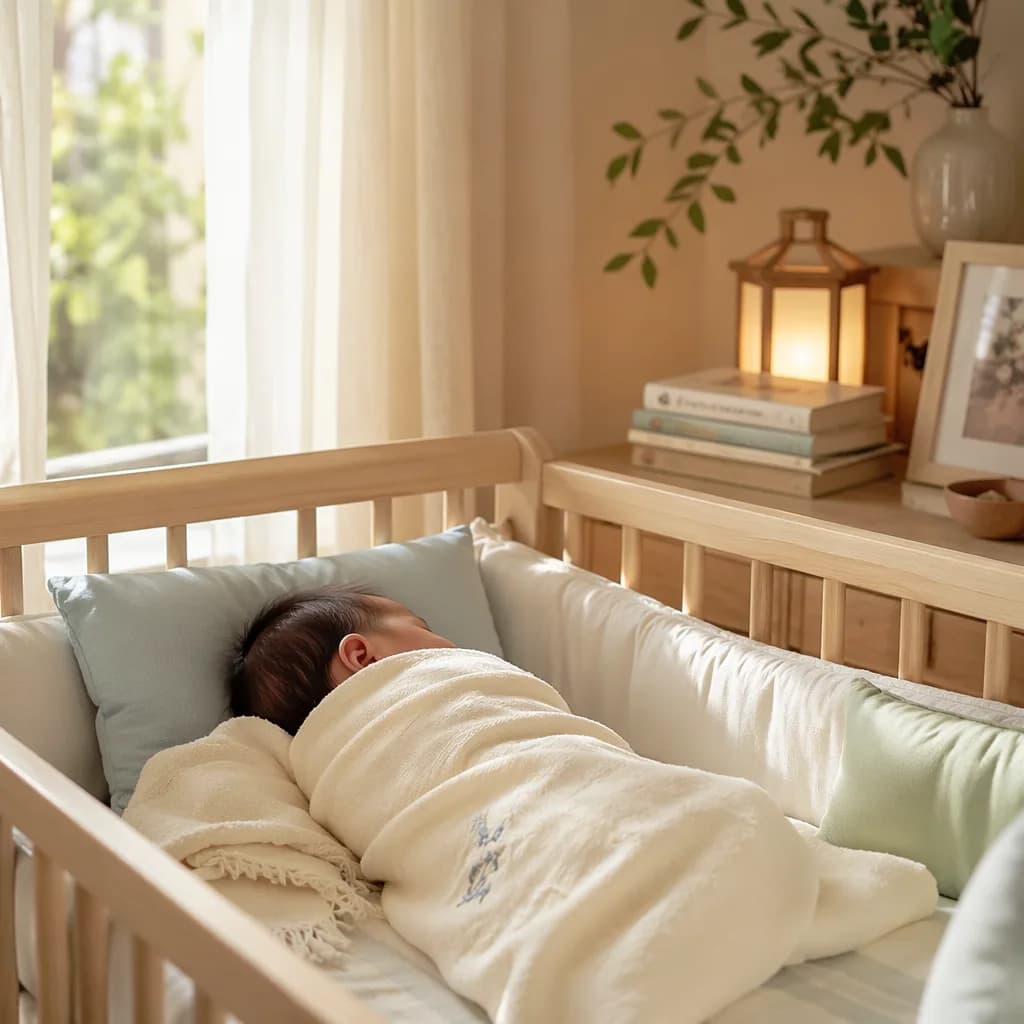 A softly lit Vietnamese-inspired nursery with a swaddled newborn and gentle symbolic details.