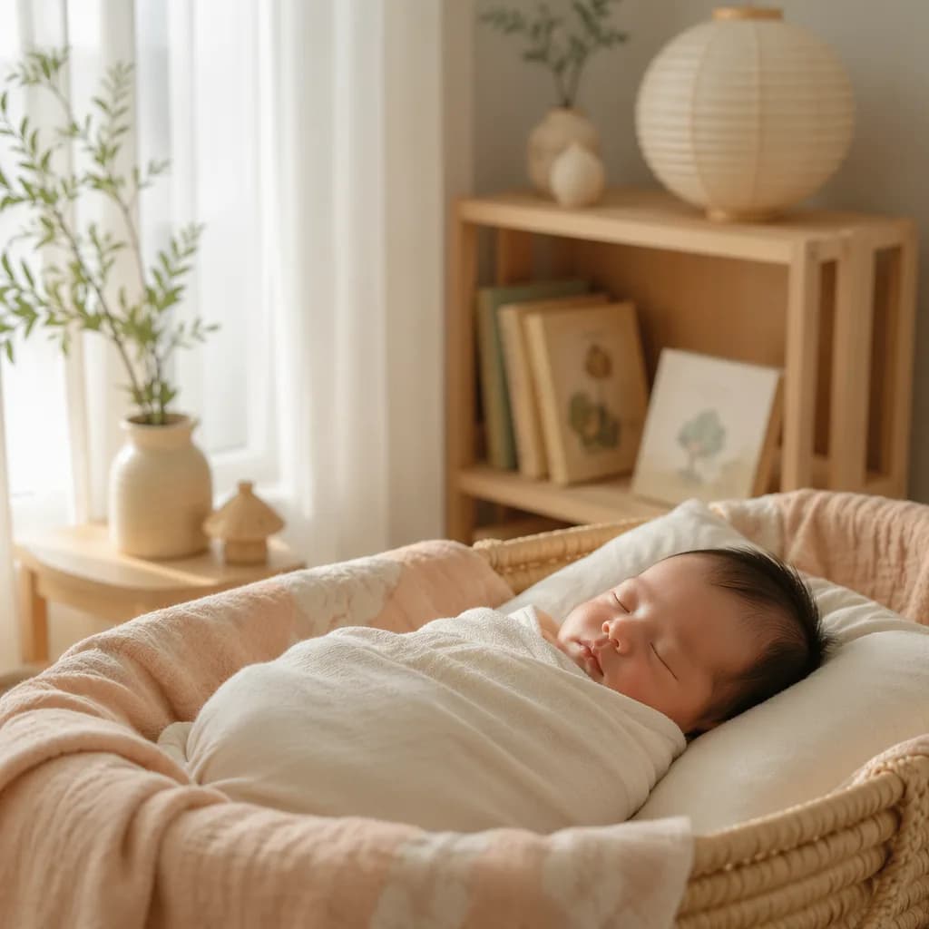 A peaceful swaddled baby in a warm pastel nursery with soft light and storybooks.