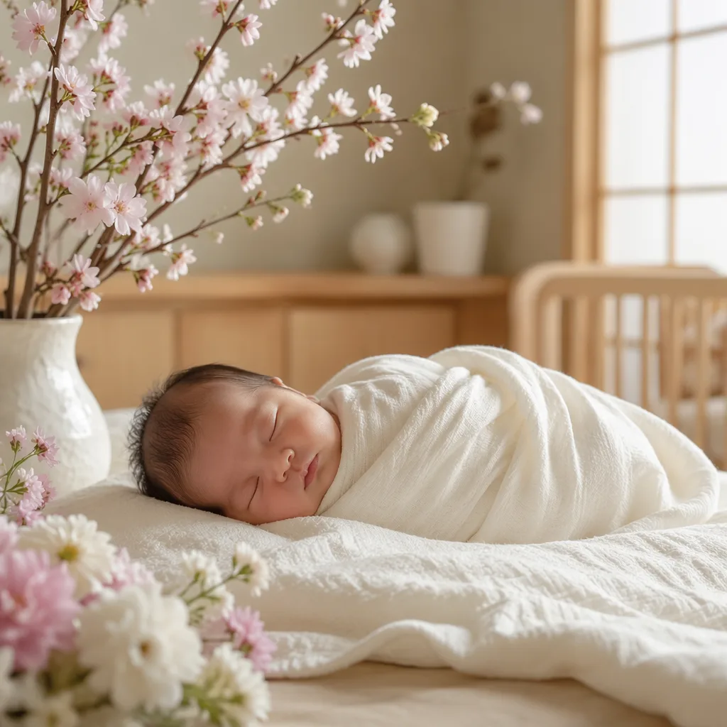 Sleeping newborn in a soft nursery with cherry blossoms and pastel flowers.