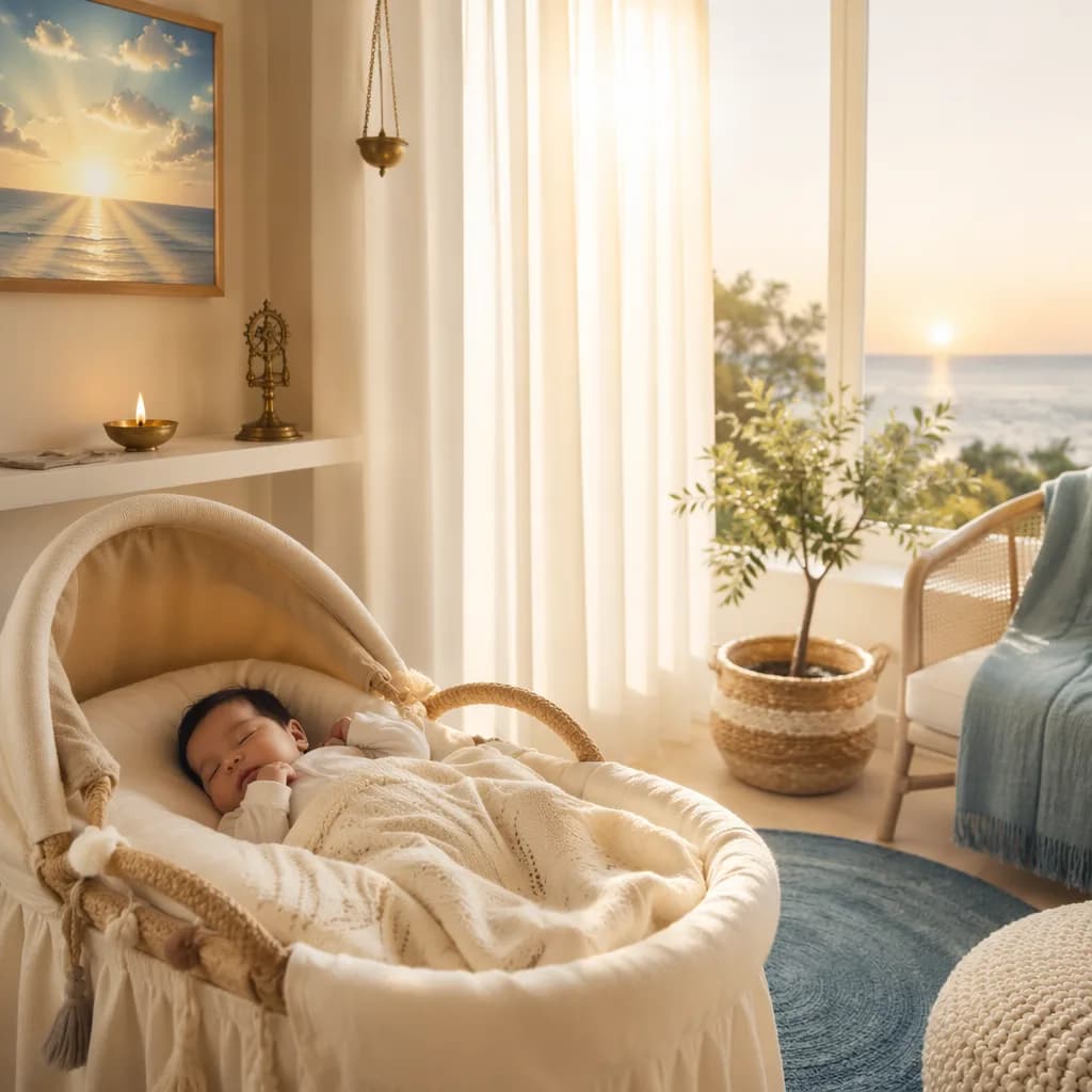 A peaceful baby nursery glowing with soft dawn light and pastel accents.