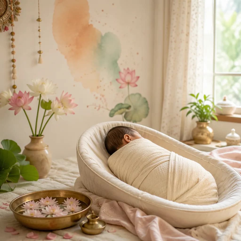 A softly lit newborn in a cozy nursery with pastel lotus and warm Indian-inspired details.