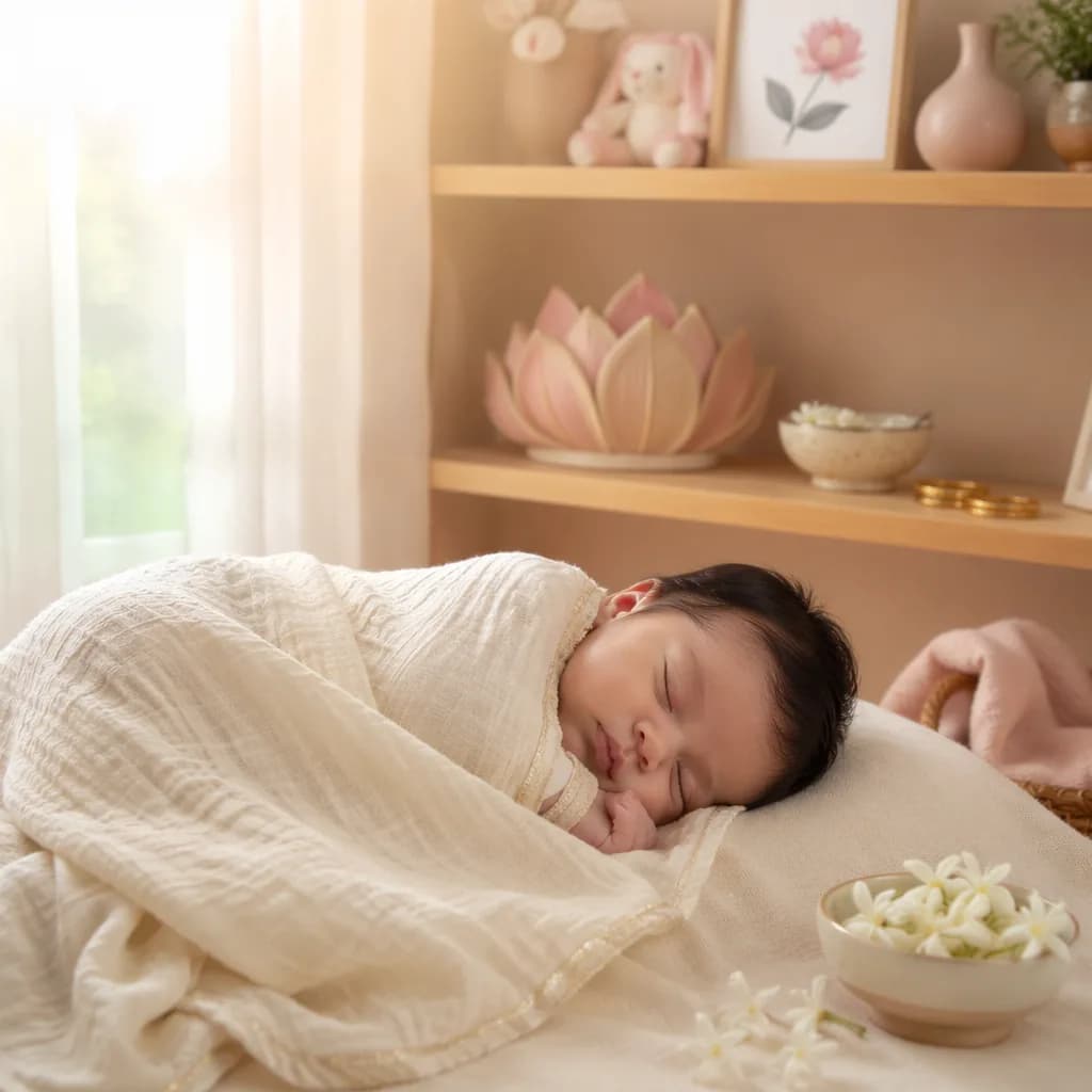A peaceful baby in a pastel nursery with lotus and jasmine details.
