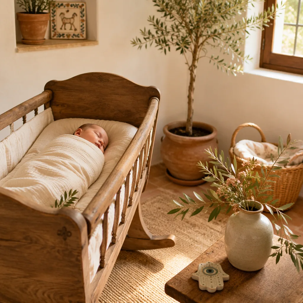 Sleeping baby in a soft Spanish-inspired nursery with pastel flowers and olive branches.