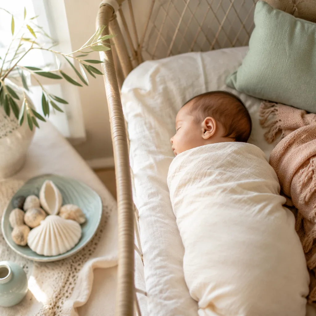 Soft pastel Italian nursery with a peacefully swaddled baby, olive branch, and seashell accents.