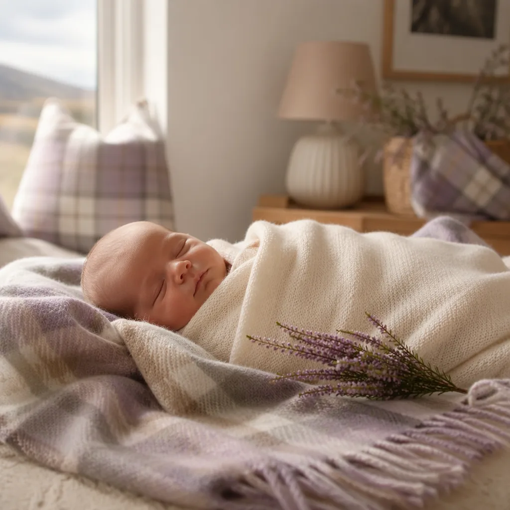 Sleeping newborn in a soft Scottish-inspired nursery with tartan and heather.