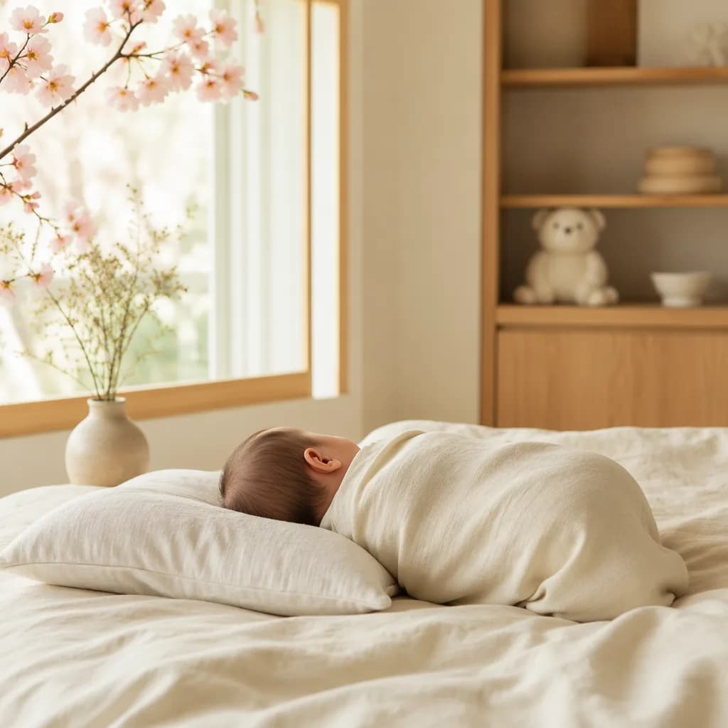 Sleeping baby in a soft Japanese-inspired nursery with pastel cherry blossoms.
