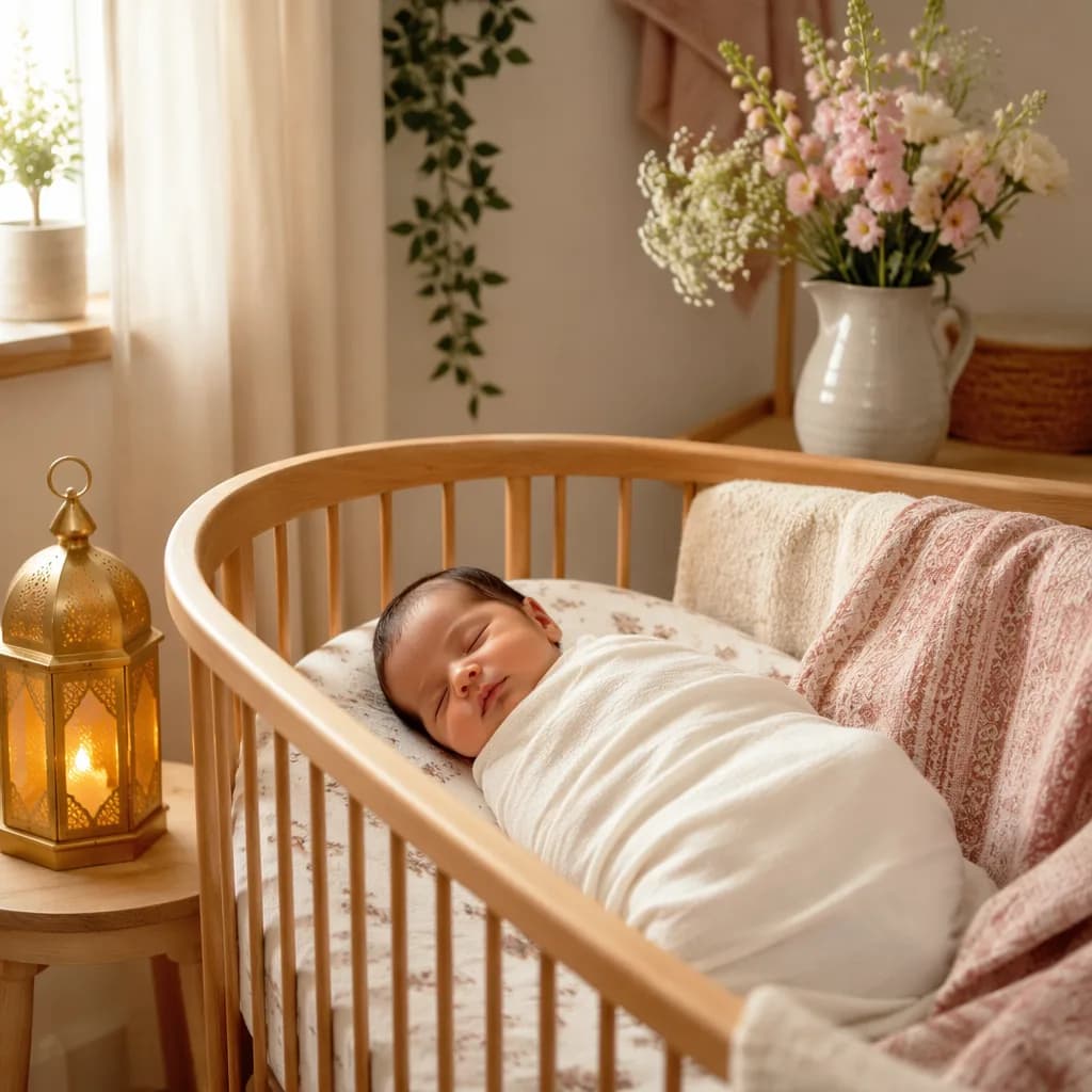 A softly lit nursery with a swaddled baby, gentle lantern glow, and spring flowers.